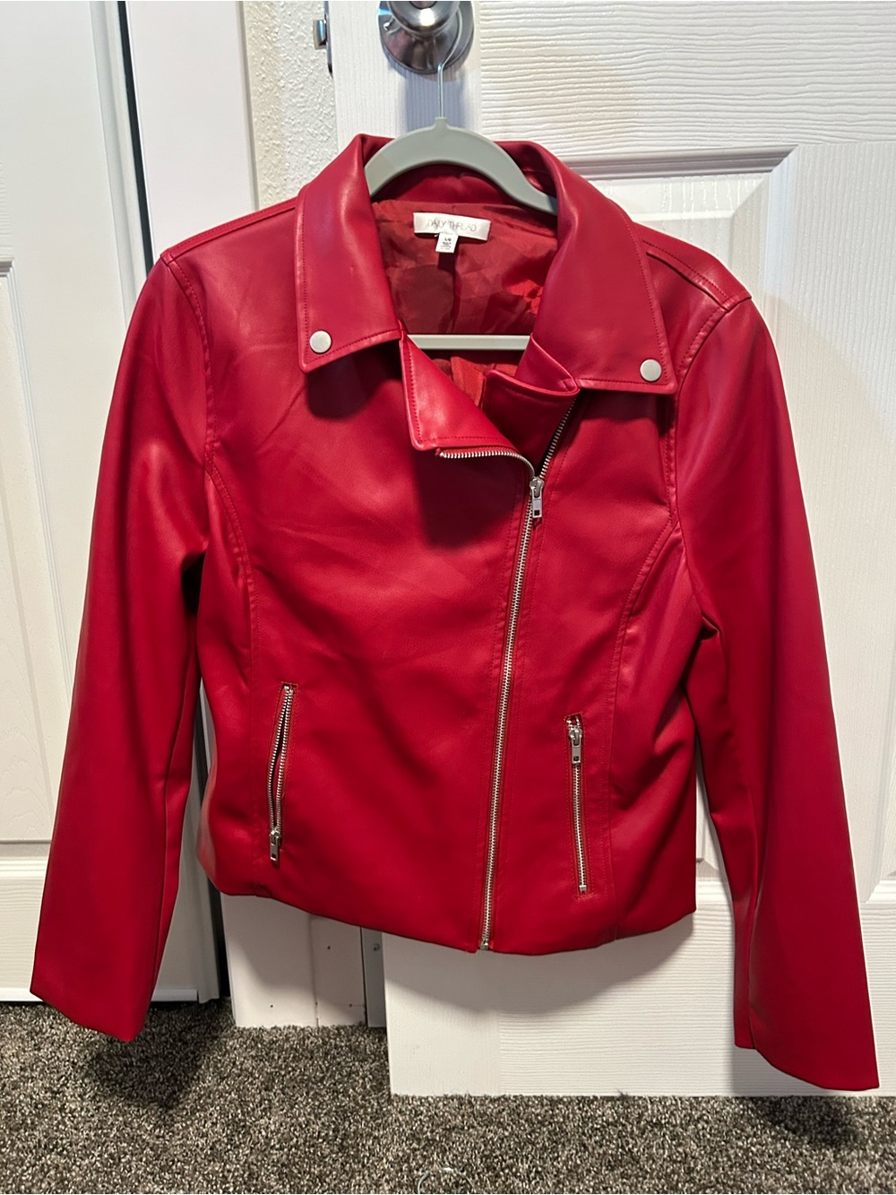 Red Faux Leather Moto Jacket with Zip Pockets - Women